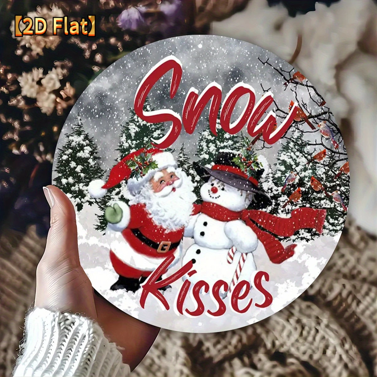 2D Flat, 1pc Rustic Round Wooden Sign with 2D Printed Santa Claus and Snowman 