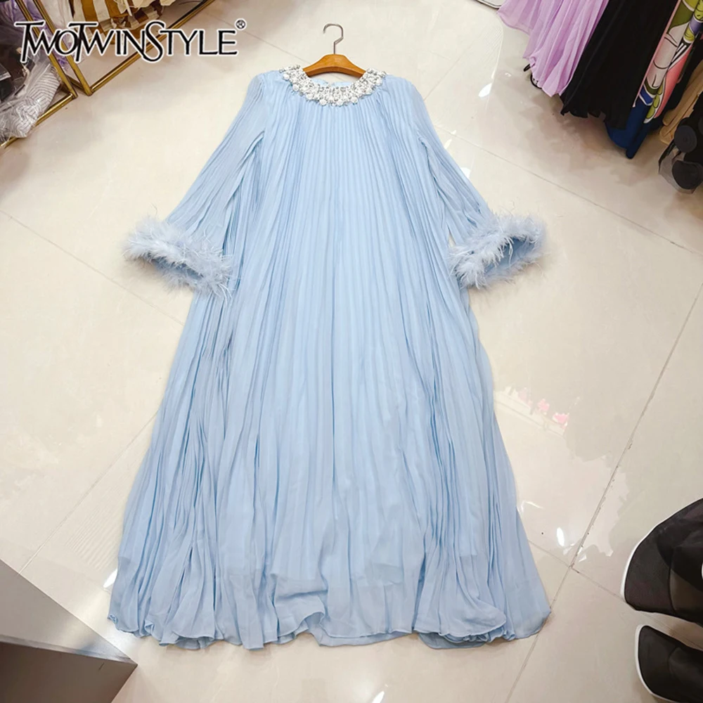 

TWOTWINSTYLE Casual Loose Draped Dresses For Women Round Neck Long Sleeve Spliced Diamonds Solid Elegant Dress Female KDR537818