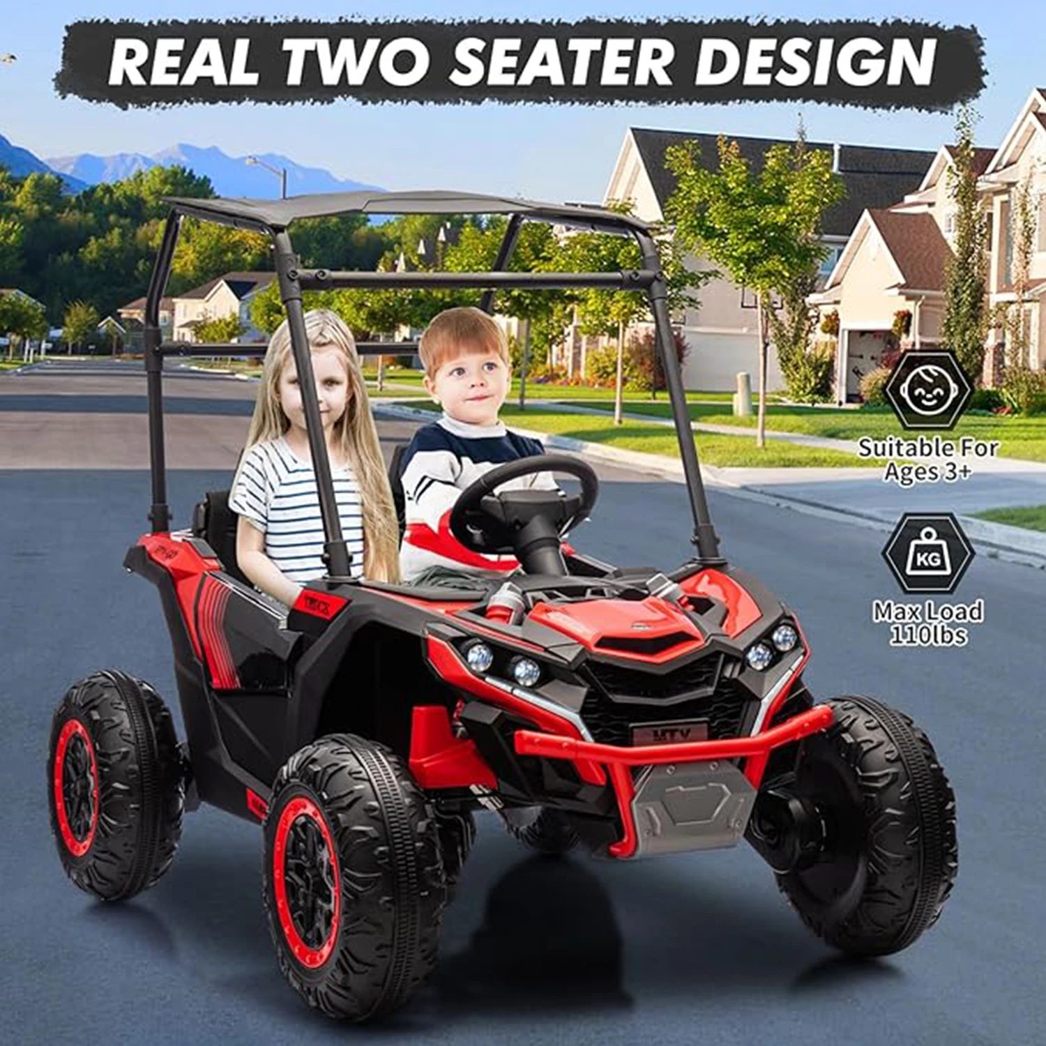 24V Kids 2 Seater 4WD Electric UTV Truck, Remote Control Off Road Ride On with Sun Shade 4 Shock Absorbers, LED Lights, Music