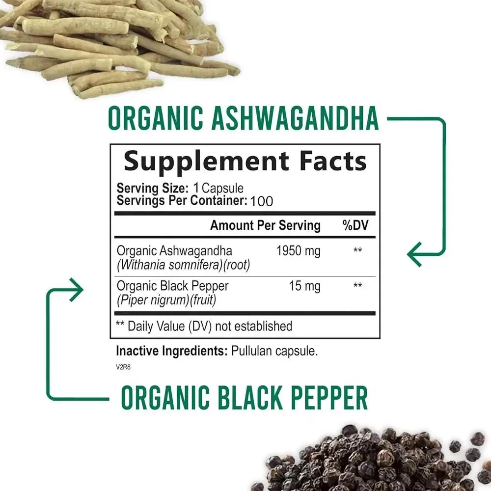 Pure Organic Ashwagandha Root Extract Capsule 1950mg Supplement Help Stress, Focus, Brain, Energy Support Sleep Health