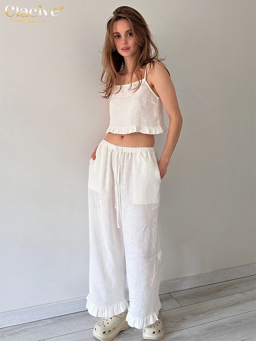 

Clacive Summer Loose White Cotton 2 Piece Sets Woman Outfit 2025 Casual Sleeveless Tank Top With High Waist Wide Pants Set Femal