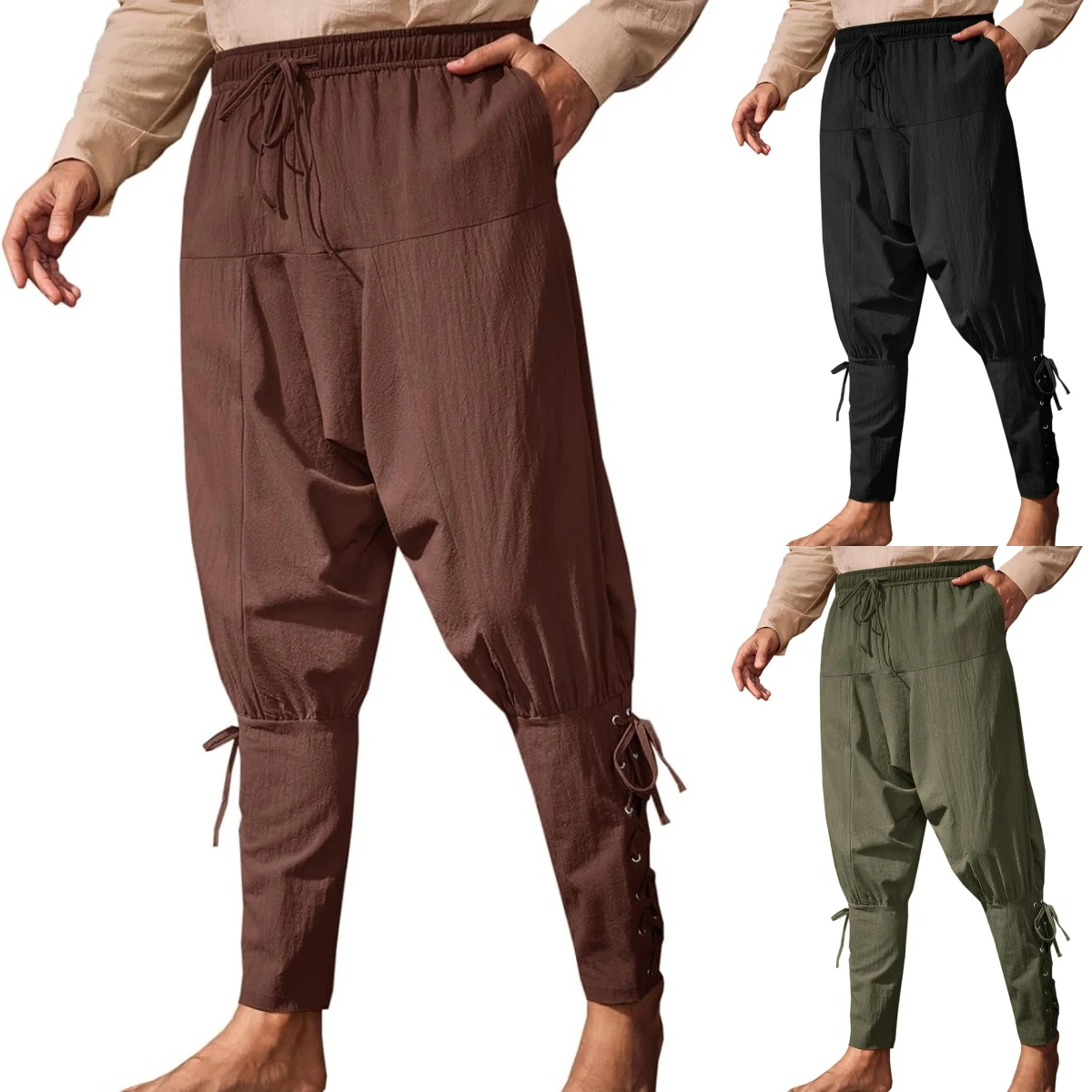 Mens Medieval Ankle Banded Pants Renaissance Viking Pirate Navigator Pants Lace Up Cotton Halloween Trousers
