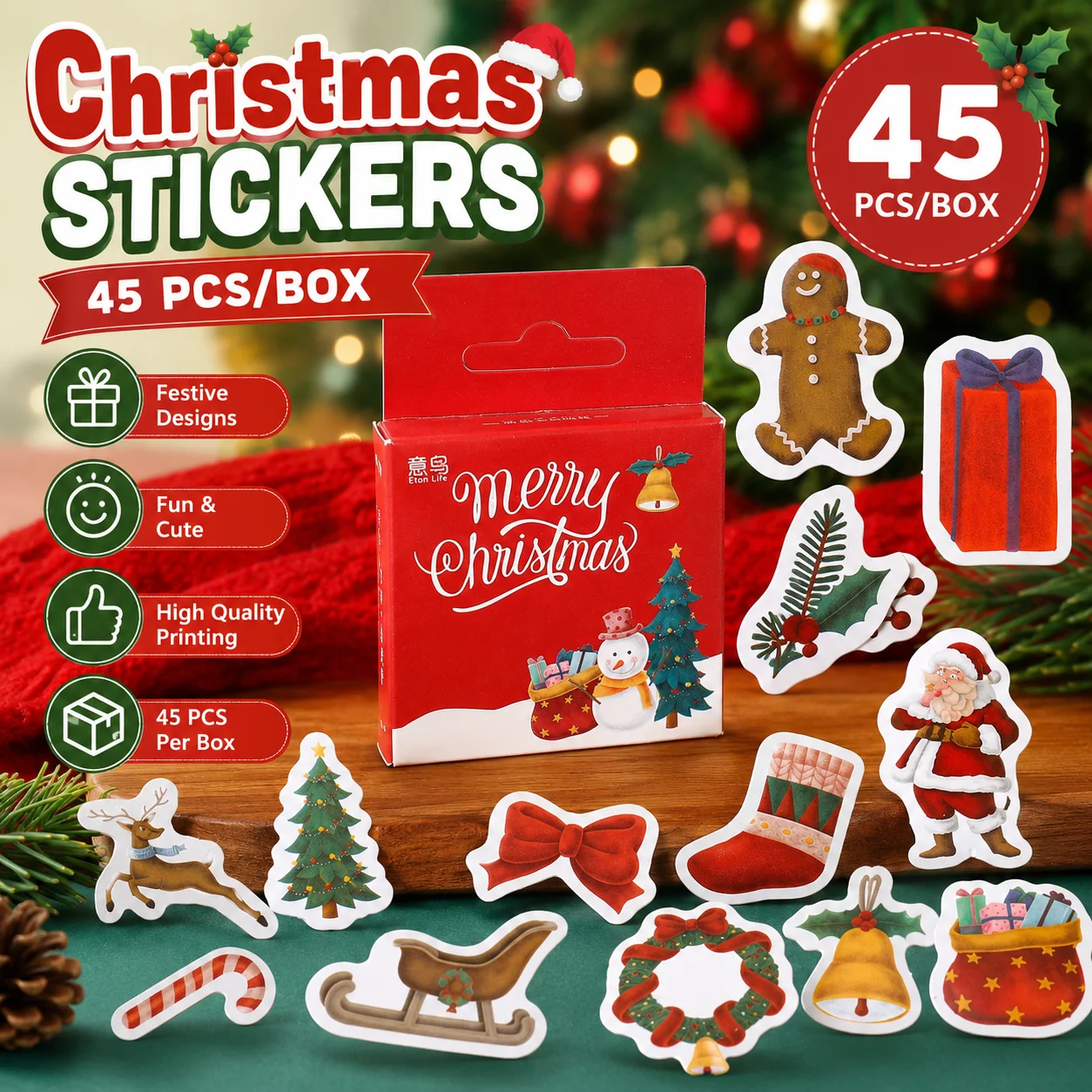 Gift Box Wrap Set - 45Pcs/Box Christmas Stickers Set, Assorted Xmas