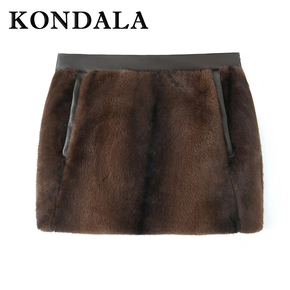 

KONDALA Chic Brown Sexy Elegant Faux Fur Pockets Luxurious Mujer Skirt Fashion 2025 Winter Night Party Club Women Mini Skirt