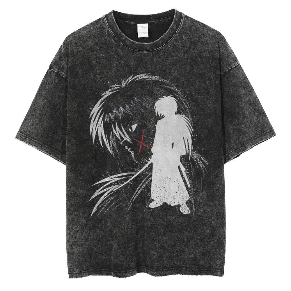 Camiseta con estampado de Himura Kenshin de Rurouni Kenshin, estilo Harajuku Anime, para hombre, manga oversize, de algodón lavado, informal.