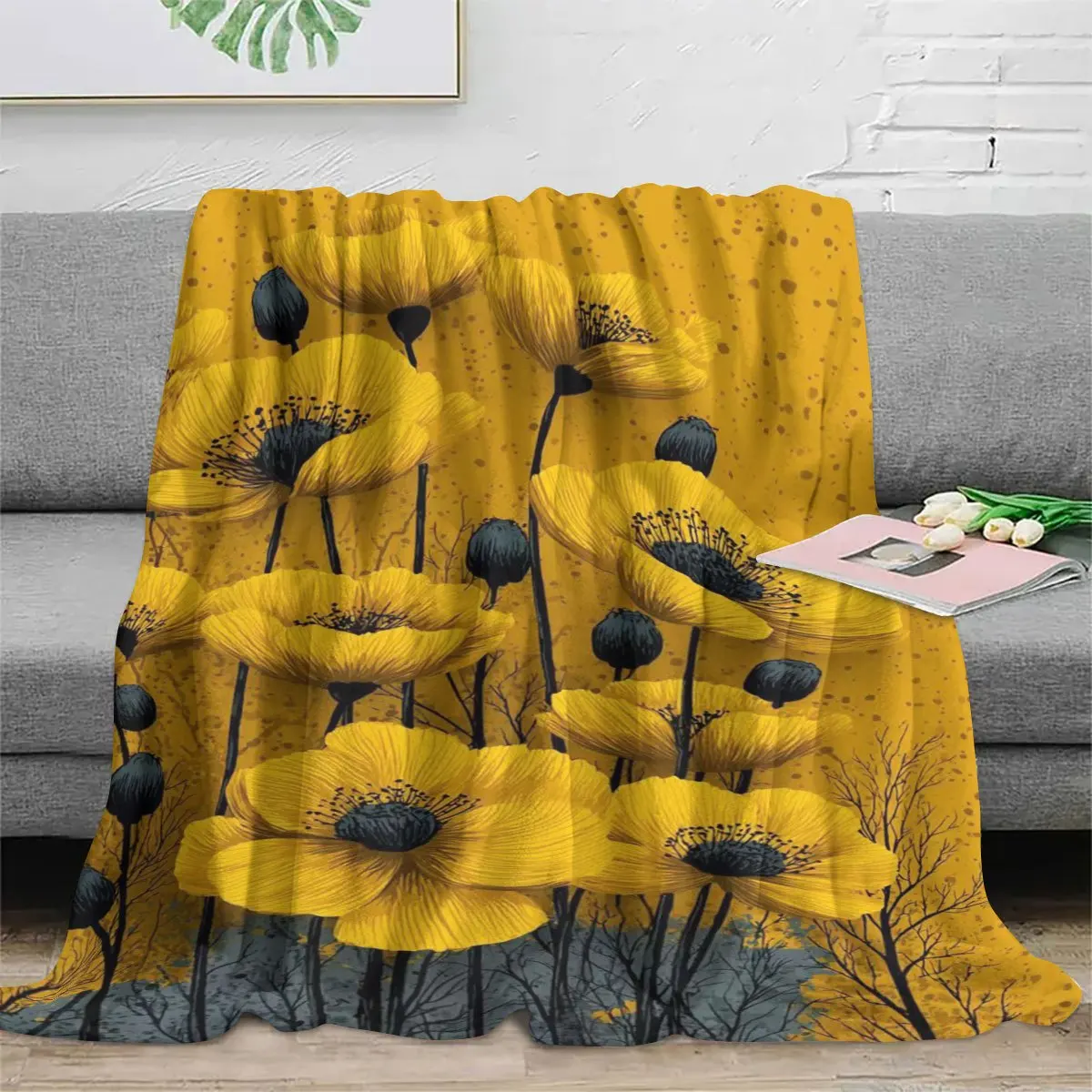 Decorative Floral Poppies Throw Blanket 150x200cm Couch Decor Yellow Spring Summer Autumn Print Cozy Throw