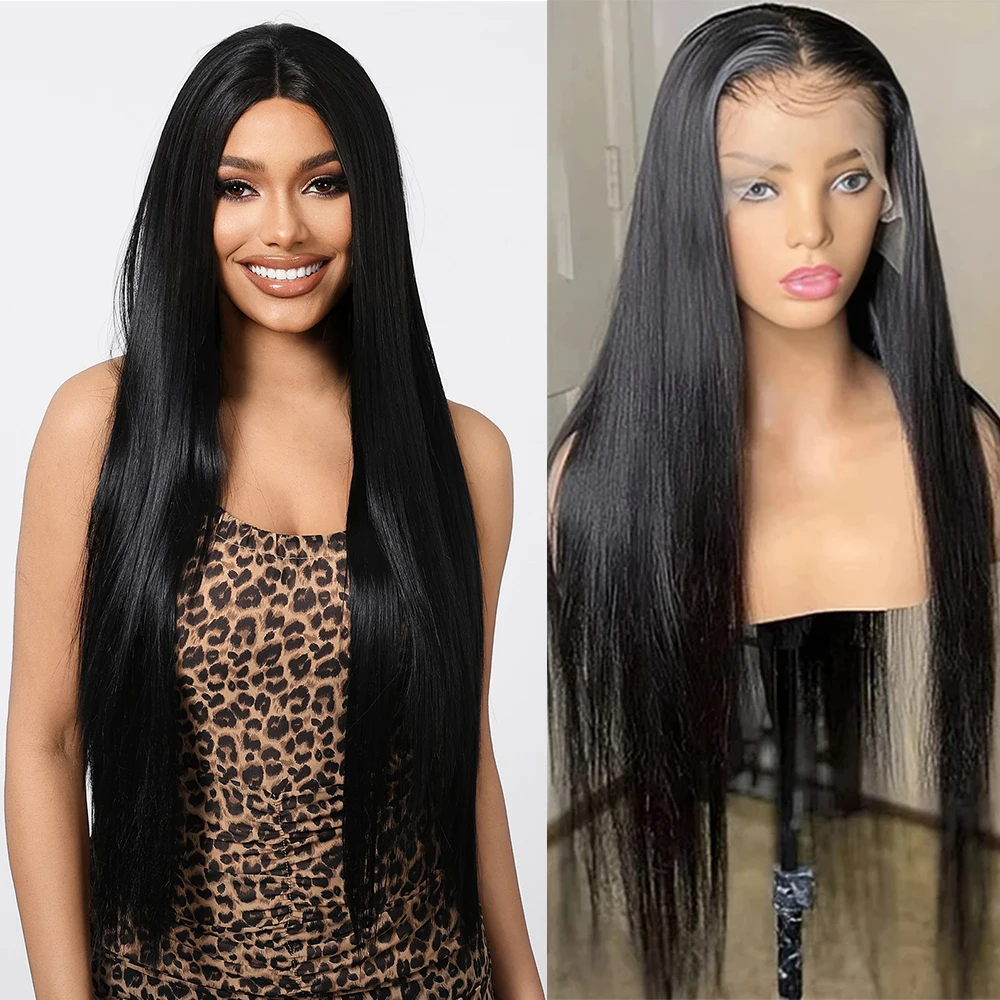 Long Straight Afro Lace Frontal Wigs Dark Black Hair Deep T Part Transparent Lace Wigs for Women Brazil Daily Wig Heat Resistant