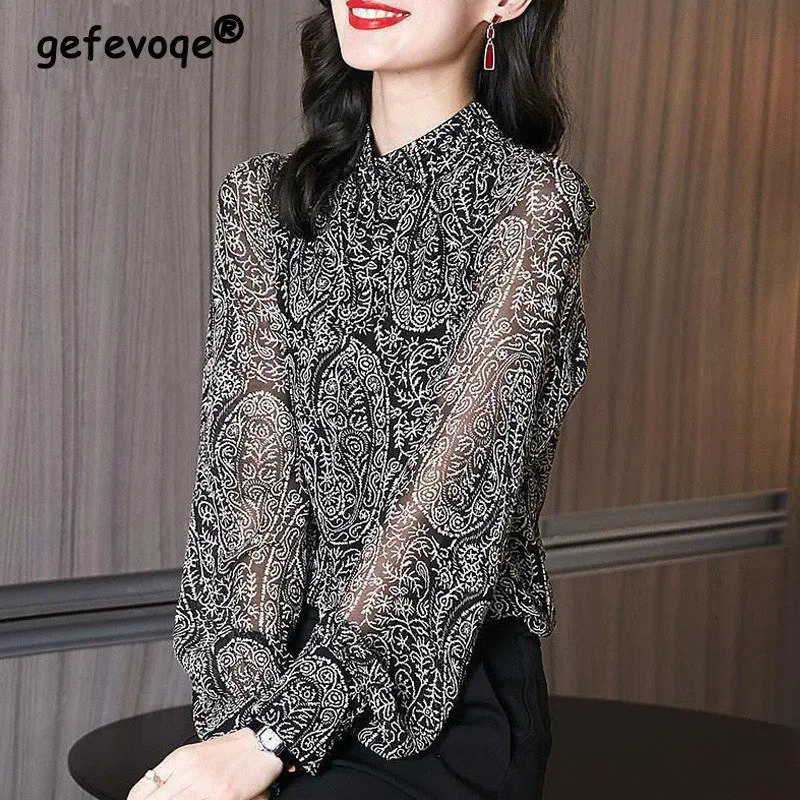 New Spring Autumn Vintage Chiffon Shirts for Women Fashion Casual Korean Print Oversized Blouse Long Sleeve All-match Top Female