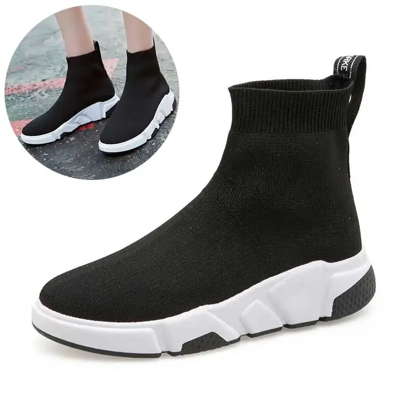 Kobiety Kint Sock Shoes Woman 3.5cm Heels Wedges Shoes Women\'s Ladies for Slip on Vulcanize Flat Shoe Autumn Elastic Fabric Black