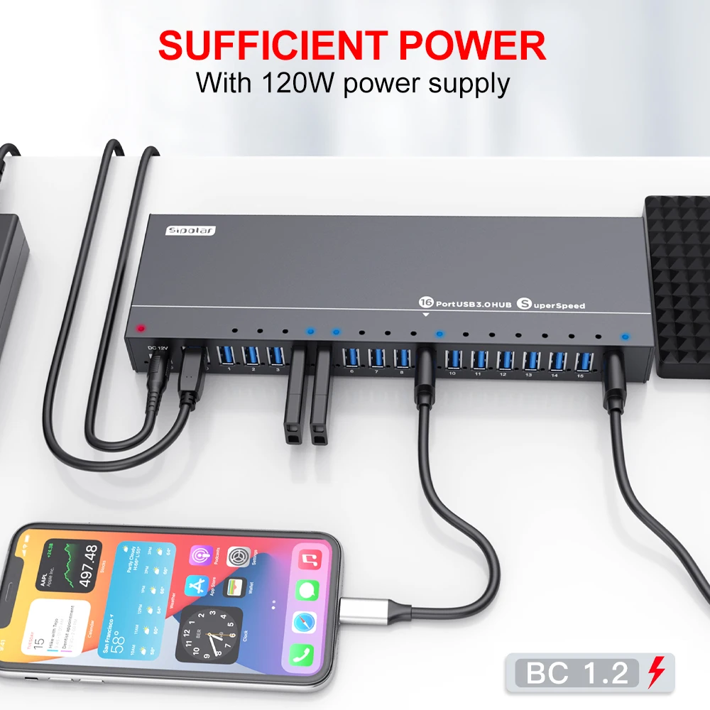 Sipolar 16-Port Powered USB Hub 3.0 with 5V 1.2A Per Port, Fast Charging for Phones & Tablets