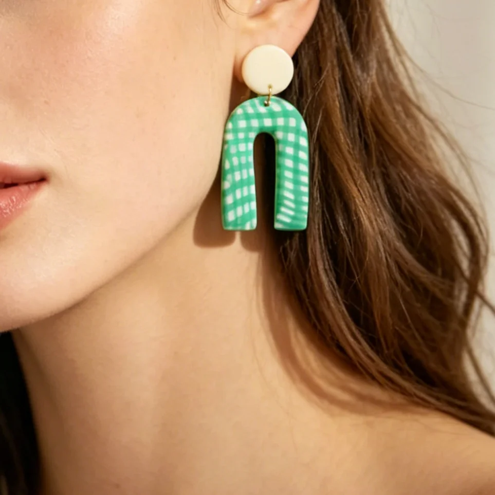 Boho Polymer Clay Earrings Lightweight Dangle Handmade Women's Chevron round Confetti Donut Square Gingham Arch Half Moon Mint