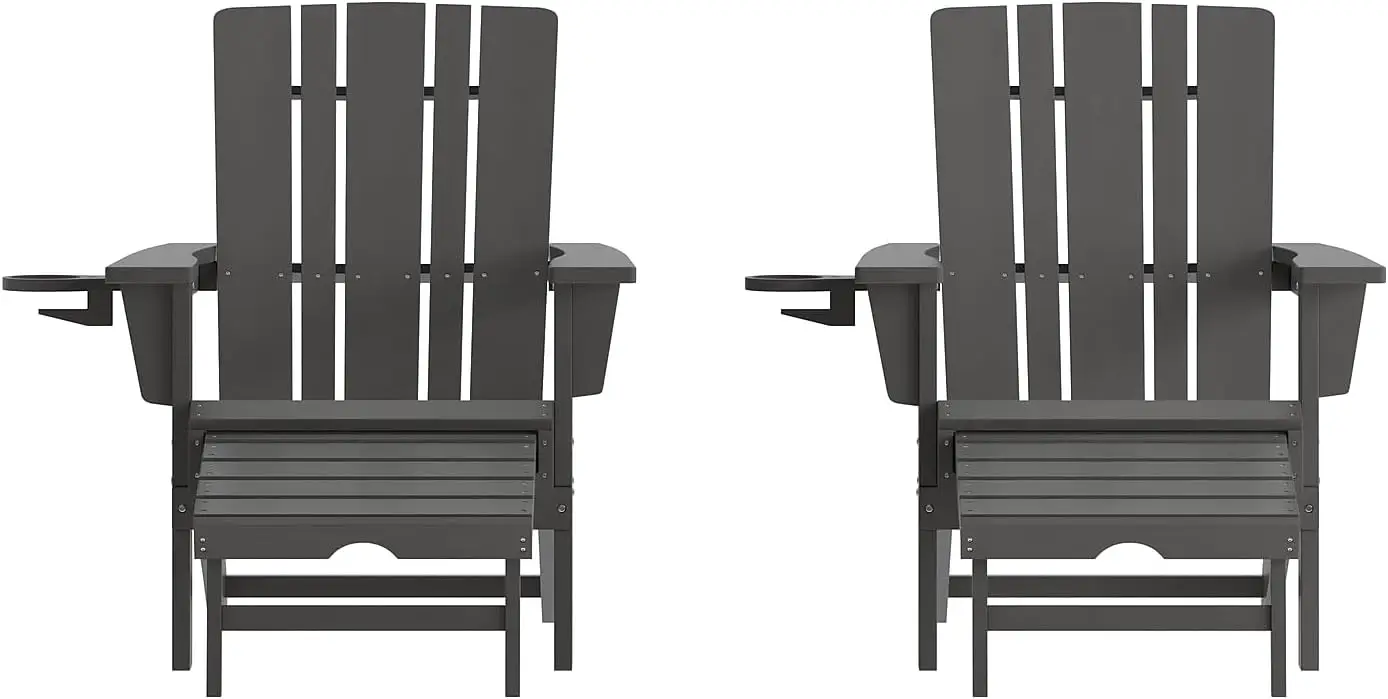 Halifax Poly Resin Adirondack Chair with Cup Holder and Pull Out Ottoman,Set of 2, Gray