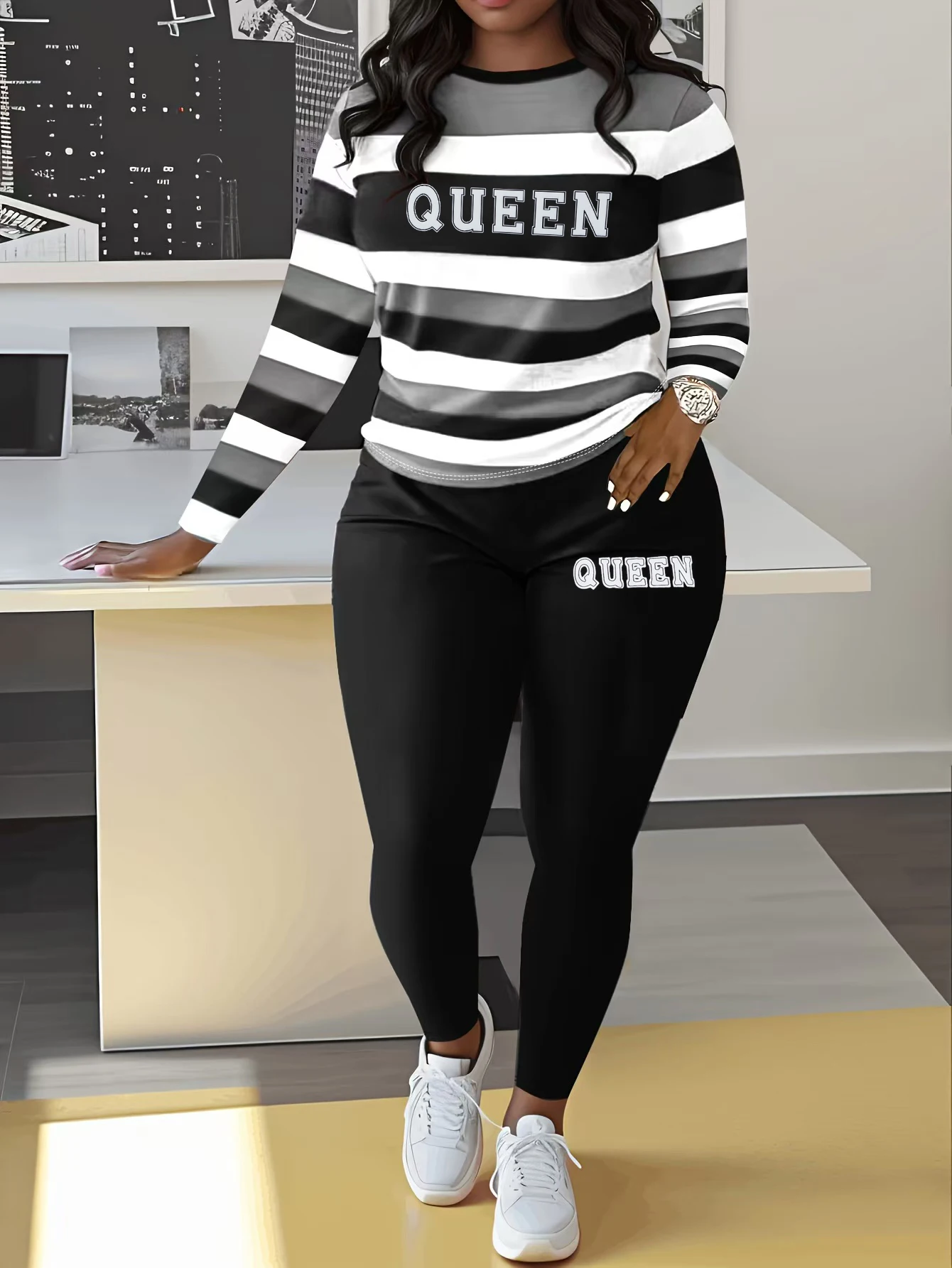 2025 Spring and Autumn European and American Letter Printed Women's Color Blocked Striped Round Neck Long Sleeved Digital Printe