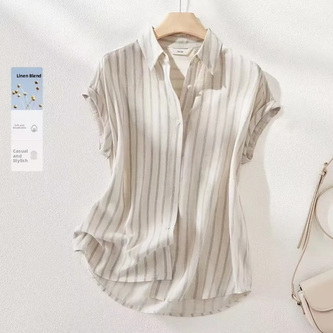 

Outlet Store Women's Faionable Striped Linen ort Sve irt Summer Classic Sle Loose Fit Collar Regular Length