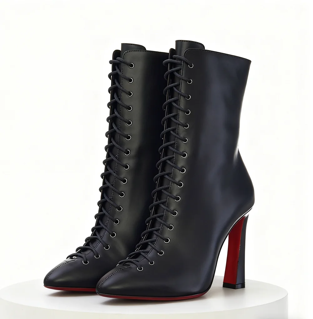 

Simple Modern Style Black Leather Lace-Up Ankle Boots Pointed Toe Stilettos Heels High-Fashion Boots for Lady Look