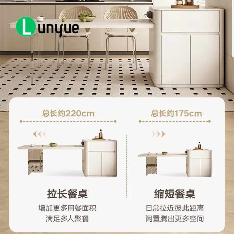 Modern Cream Sintered Stone Dining Table with Integrated Bar Retractable Design for Small Apartment High End Minimalist