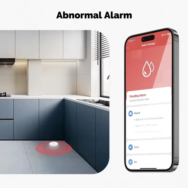 MOES Tuya ZigBee 3.0 كاشف إنذار تسرب المياه الذكي، مستشعر الفيضانات والغمر، إنذار في الوقت الحقيقي، إشعار تطبيق الحياة الذكية