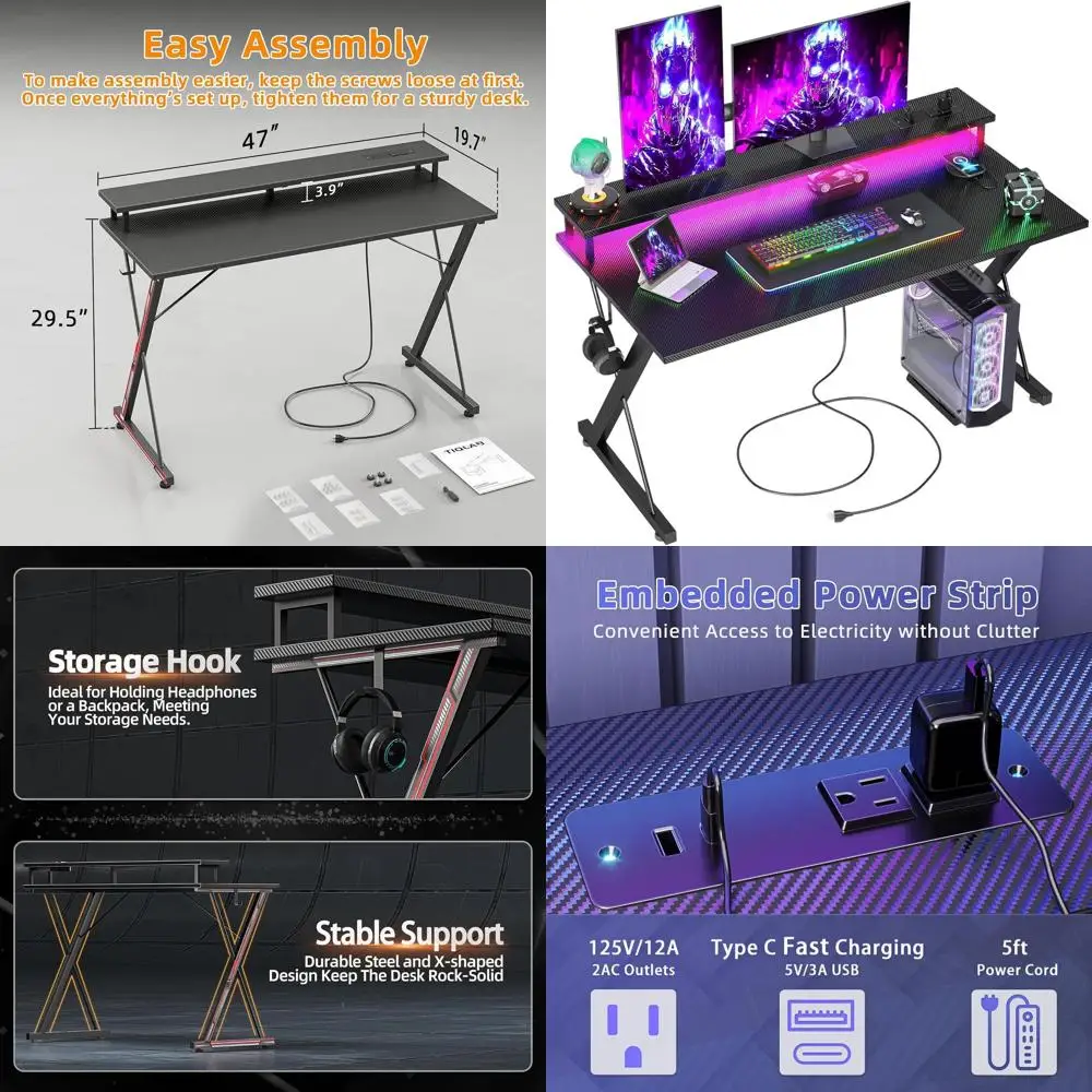 

Ergonomic 47 Carbon Fiber Gaming Desk with LED, Power Outlets, and Monitor Stand for PC Workstation or Bedroom, Black