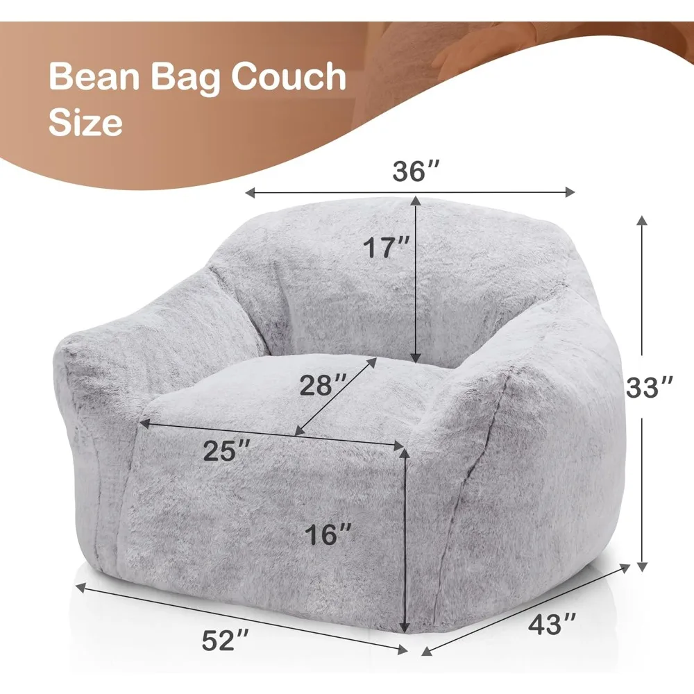 Bean Bag Couch Stuffed High-Density Foam,Plush Lazy Sofa Comfy Chair,Large BeanBag Chair for Adults in Livingroom(Light Grey)