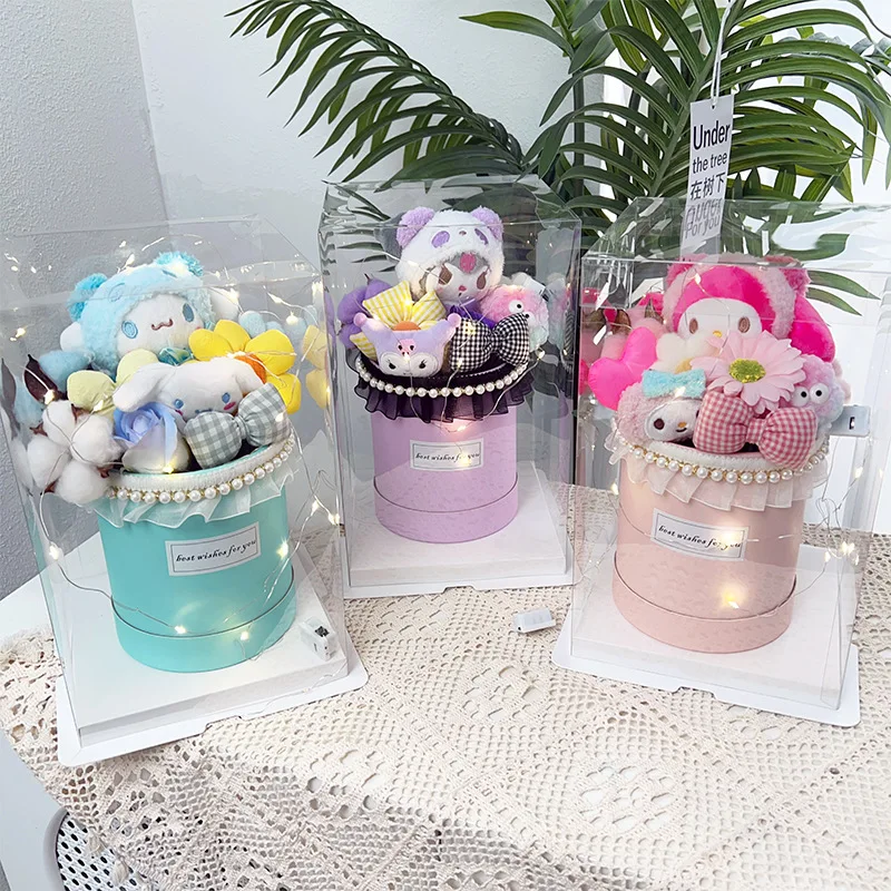 Kawaii Cinnamoroll Doll Bouquet Hello Kitty Kuromi Melody Sanrioed Anime Plush Decorate Lamp Birthday Girlfriend Festival Gift