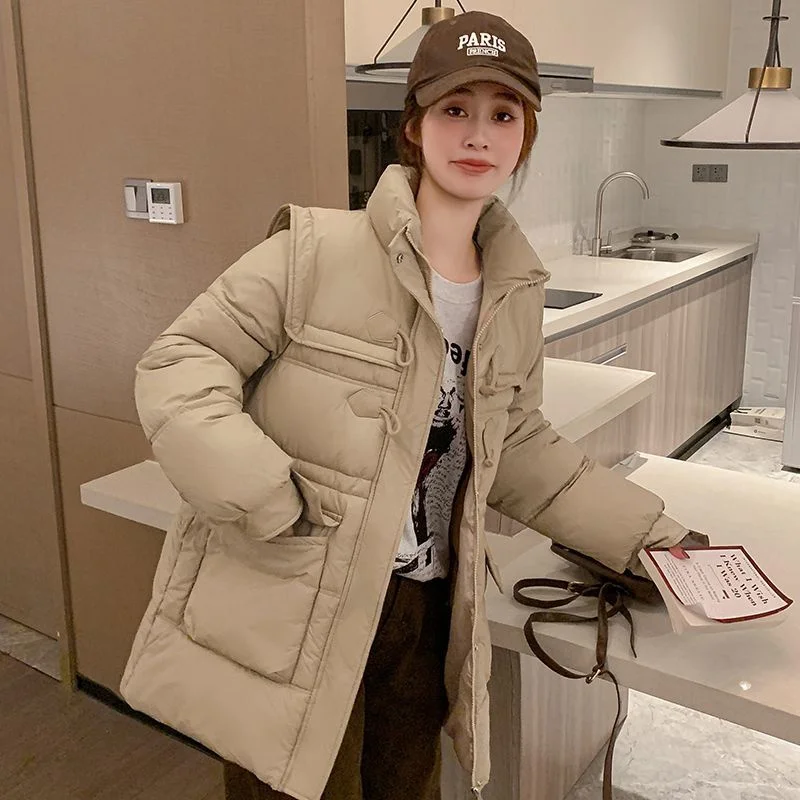 Horn Button Down Cotton Jacket for Women Korean Version Loose Winter Jacket Parkas Thicken Waist-cinching Cold Protection Coat