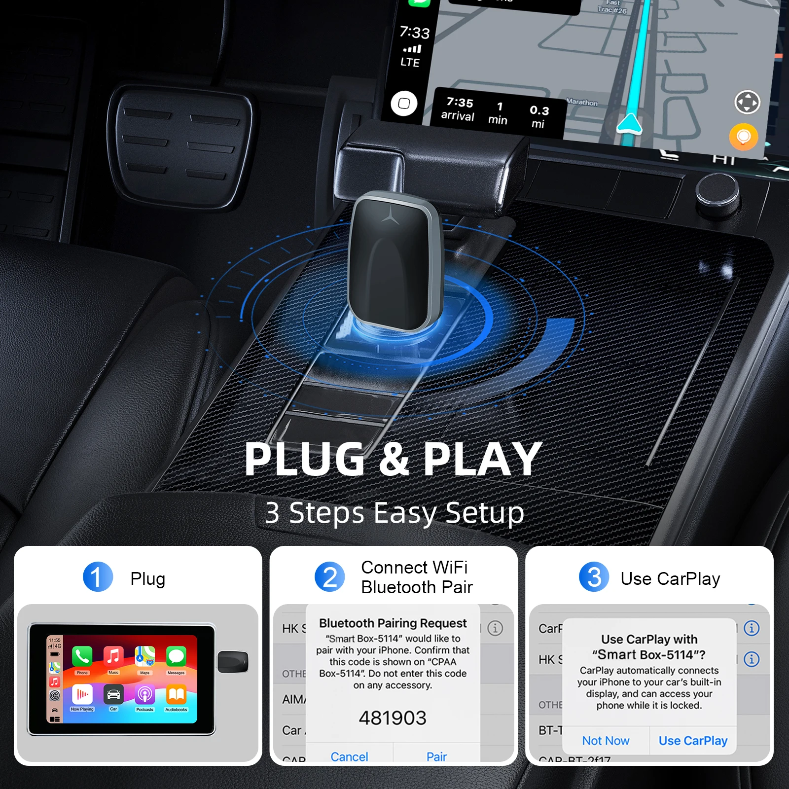 Mini adaptador inteligente 2 en 1 Carplay Android Auto con cable a inalámbrico AI Box, Compatible con 99% de coches, Plug and Play