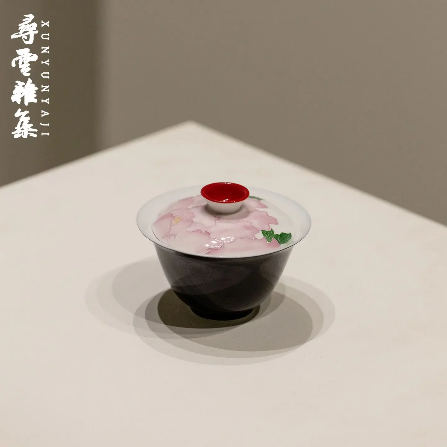 DSA black glaze pure hand-painted peony flower cover bowl household ceramic thin tire tea bowl Arita tea set