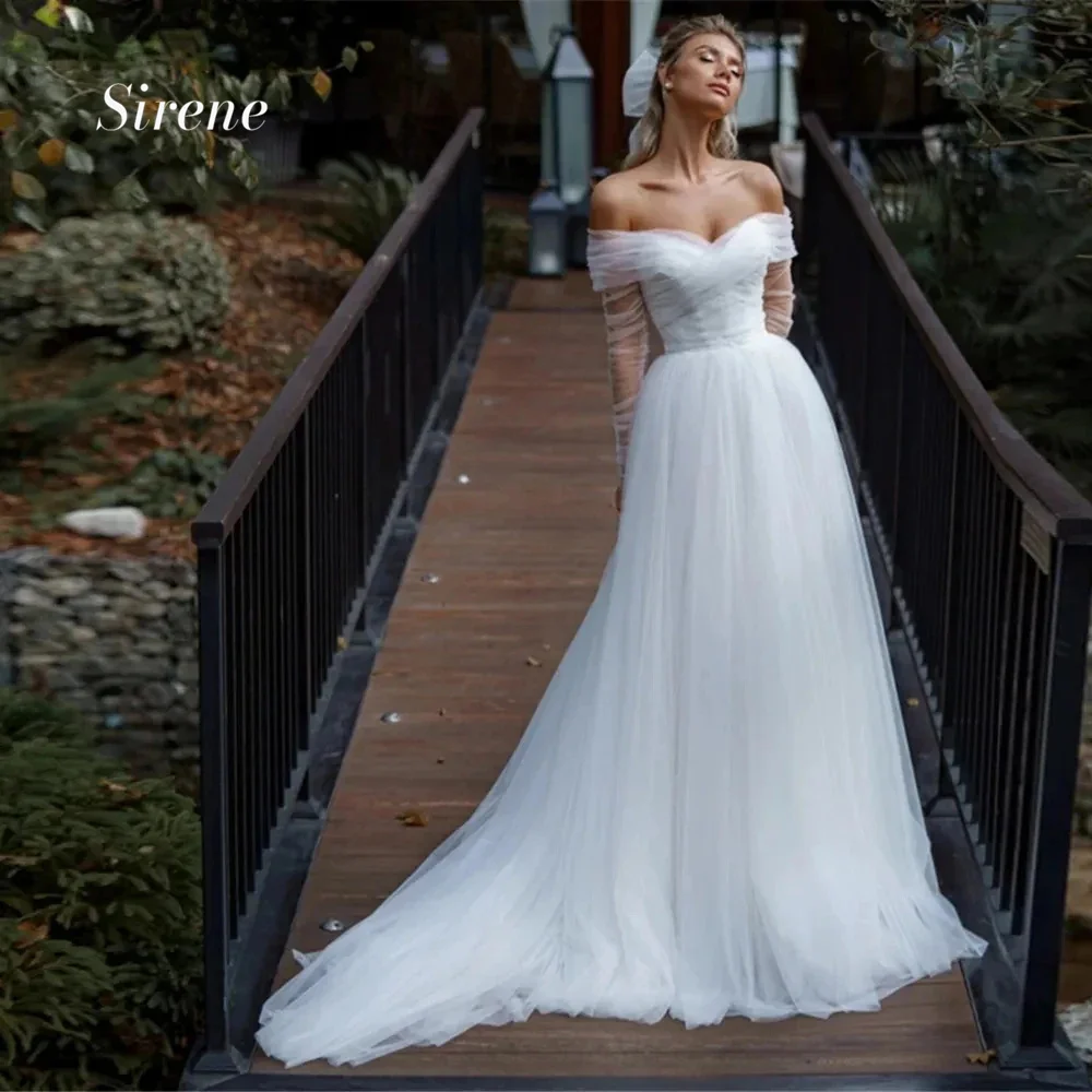 Sirene Elegante Off Shoulder Strapless Tule Trouwjurk A-Lijn Mouwloos Liefje Rugloze Vlek Prom Jurken Robe De Mariée