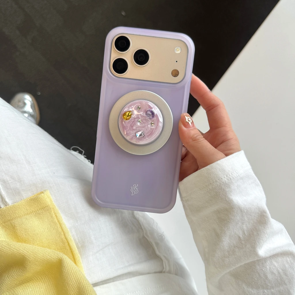

Minimalist Purple With Gemstone Holder Magnetic Wireless Charging Shock Proof Phone Cover Case for iPhone 17 16 15 14 Pro Max