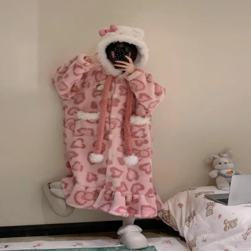 

Sanrio Hello Kitty коралловый бархатный пижамный халат, зимний бархатный утолщенный фланелевой комплект спального платья средней длины с капюшоном, домашняя одежда