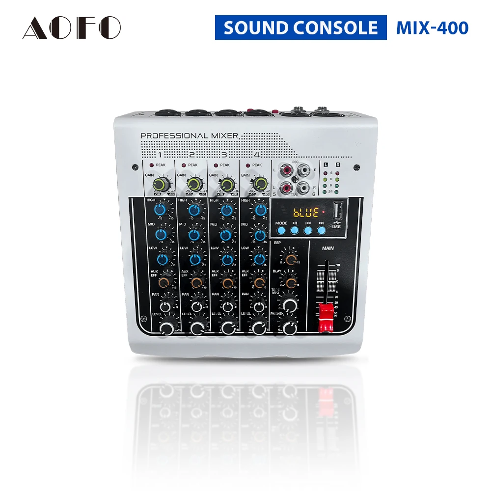 

4-Channel Professional Audio Mixer with Built-in Bluetooth 3-Band EQ for PA Systems Karaoke Recording Stage Sound