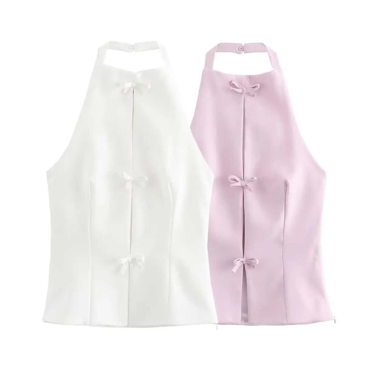 

PB&ZA2025 Summer New Women's Casual Fashion Simple Backless Bow-decorated Hollow Halter Neck Vest Slim Short Top