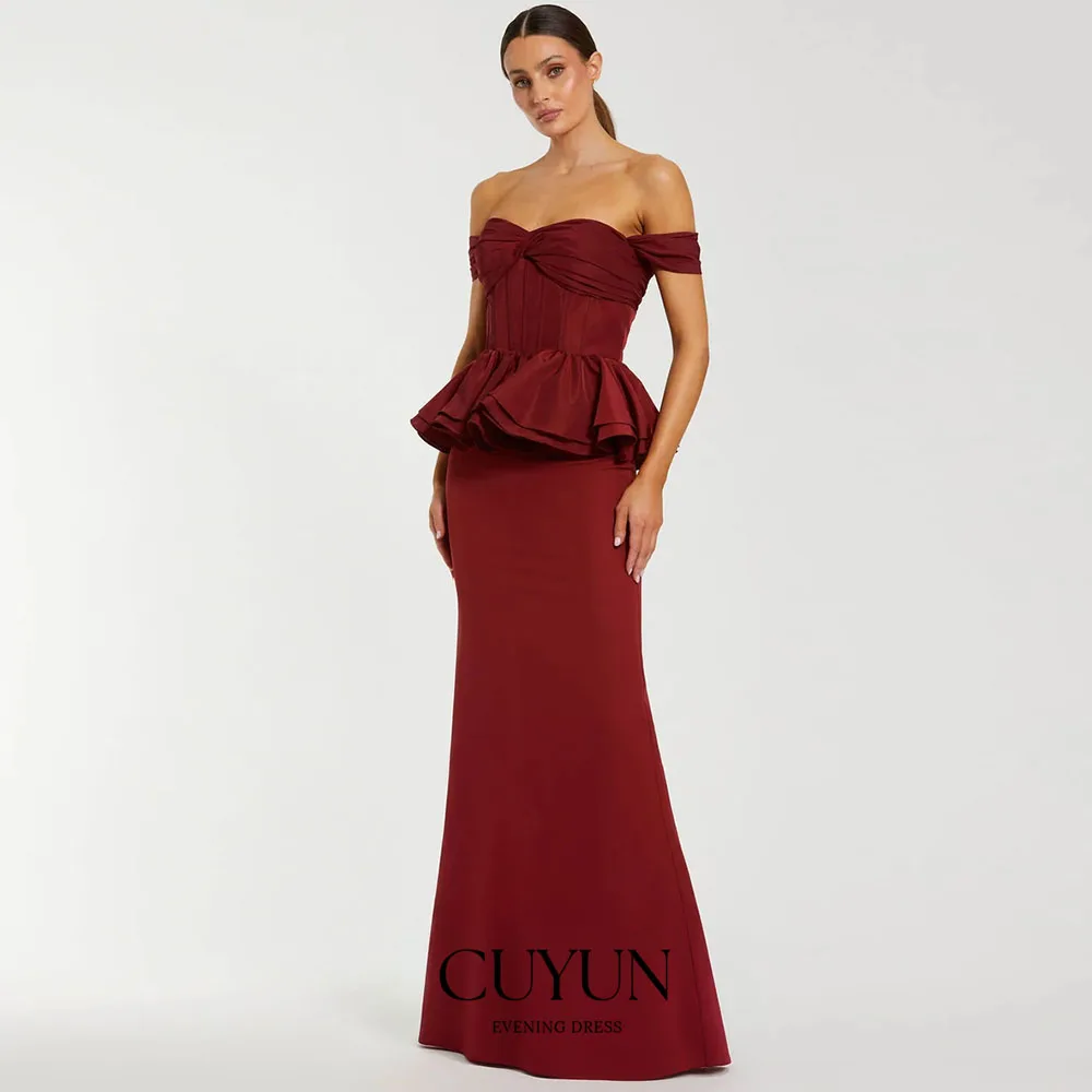 CUYUN Red Off The Shoulder Peplum Trumpet Gown Customized Sweetheart Taffeta Formal Evening Gown