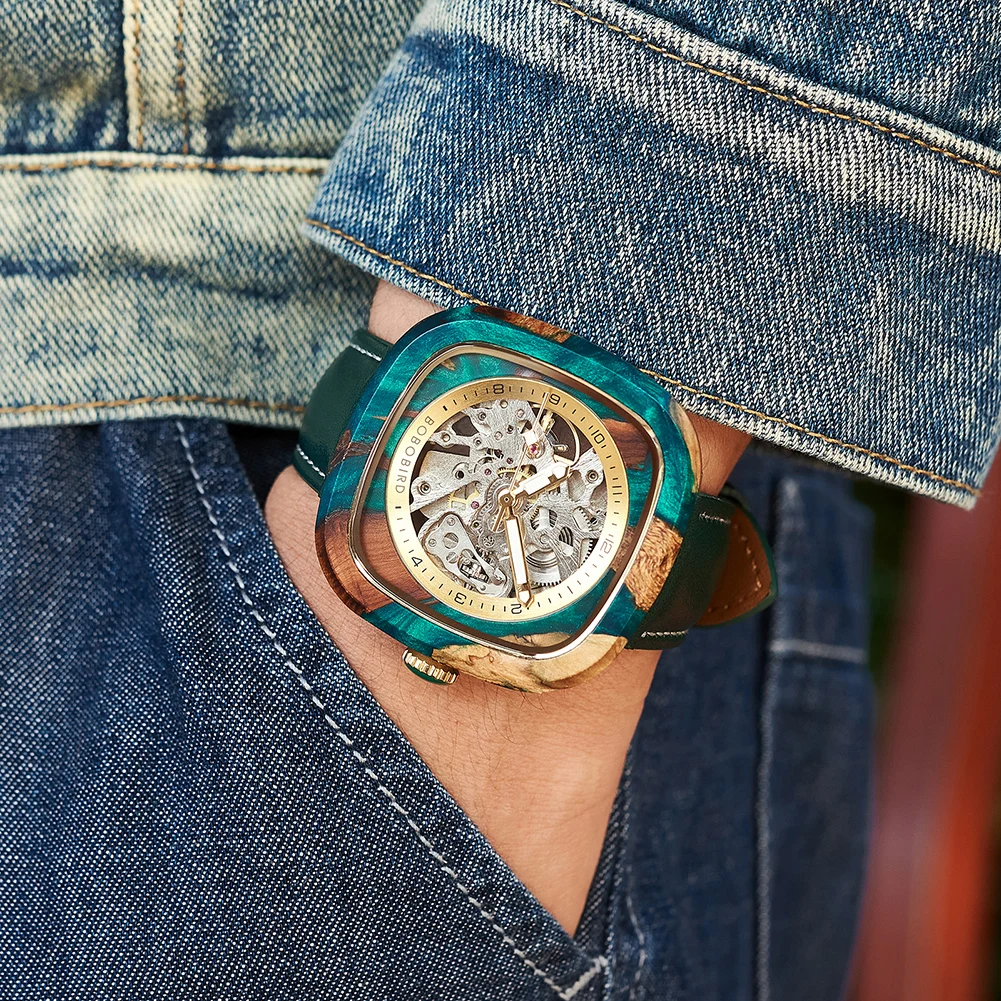 Bobo Vogel mechanische Uhr Herren Leder uhren hand gefertigte Harz Uhren angepasst in Holz Geschenk box Reloj Hombre Drops hip
