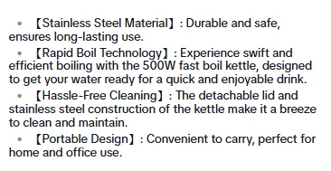 Description Picture 2 of itemPortable Electric Kettle, 500W Fast Boil Kettle with Detachable Lid, 1 Count Stainless Steel Electric Water Cup for Home Office