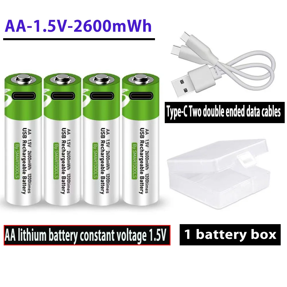 Bateria de lítio recarregável AA com interface TYPE-C 1.5V2600mWh, usada para controle remoto de carros de brinquedo. Microfone. Porta USB