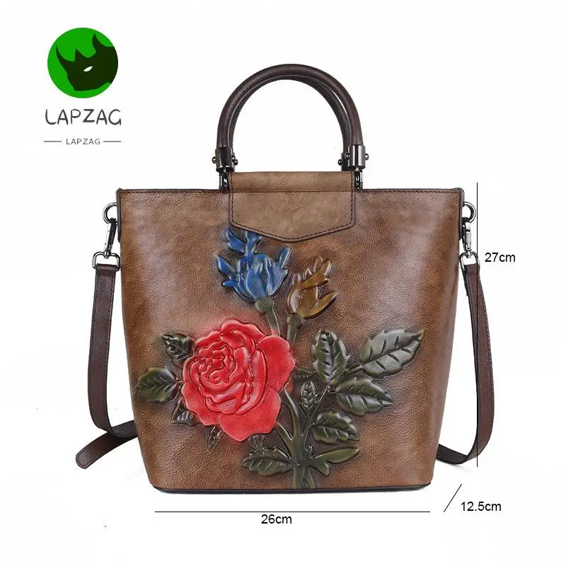 Lapzag High quality 100% real Cowhide Women Embossed Tote bags big Luxury Floral Handbags Genuine Leather Shoulder Bag for girls