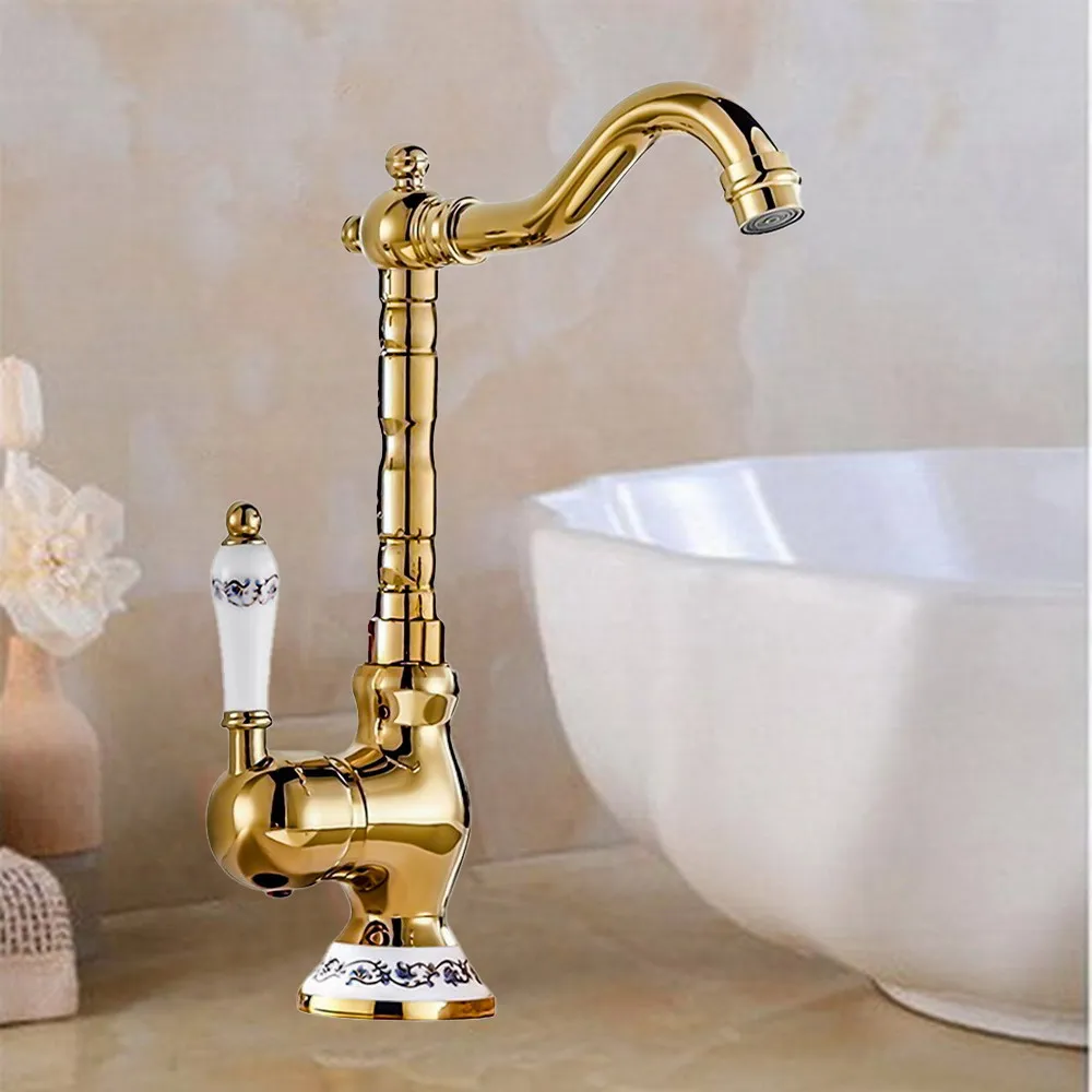 

Gold Color Brass Kitchen Sink Faucet Swivel Spout Ceramic Lever Cold & Hot Water Mixer Bathroom Washbasin Taps Deck Mount Lsf917