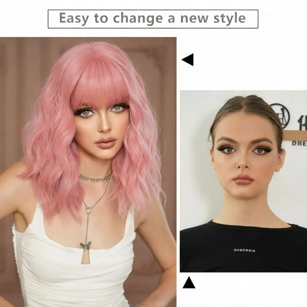 Short Pink Water Wave Wigs Synthetic Full Head Hairpiece Natural Fluffy Curly Hair For Women Daily Change Style Cosplay