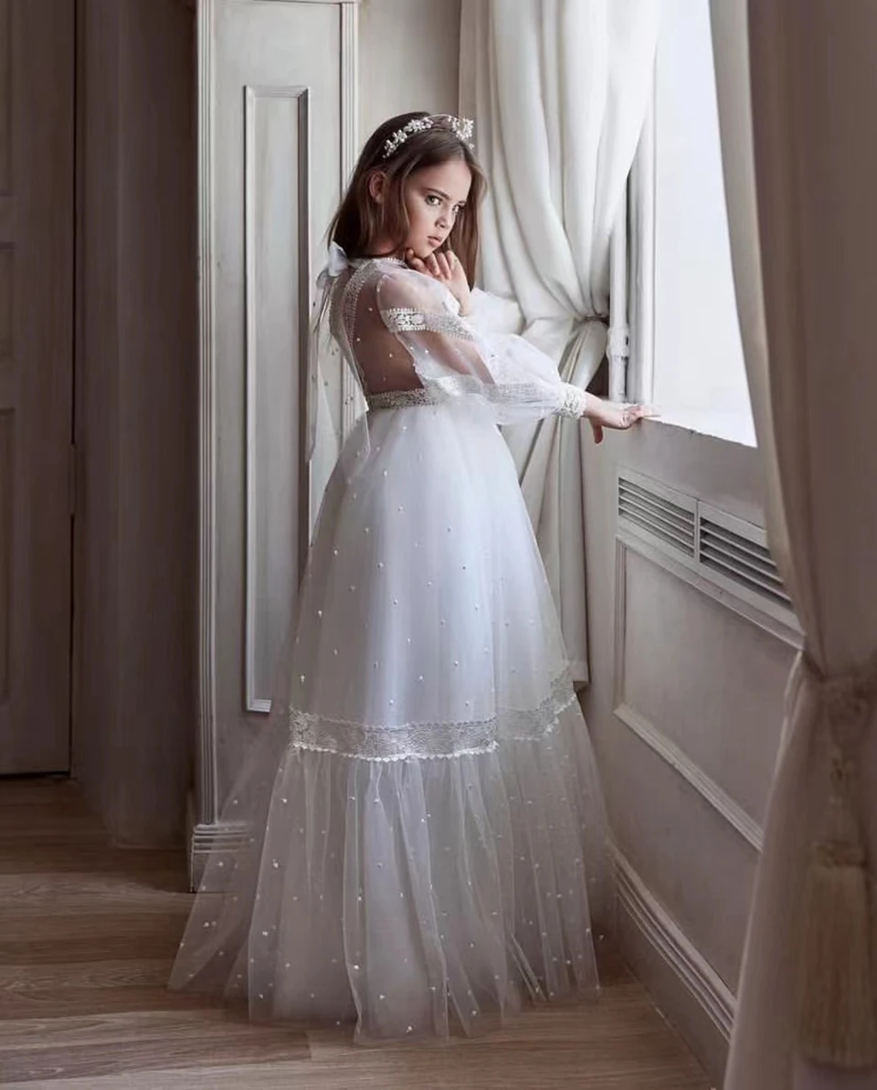 ที่กําหนดเองดอกไม้สําหรับงานแต่งงานลูกไม้ Appliques แขนยาวเด็กชุดราตรี Gowns First Communion Dress