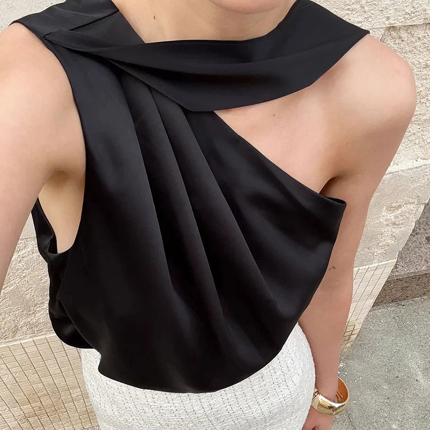 

Linad сексуальный черный шелковый топ на бретелях с косым воротником женский элегантный ажурный атласный топ на бретельках уличный шикарный топ без рукавов женский 2025 синий