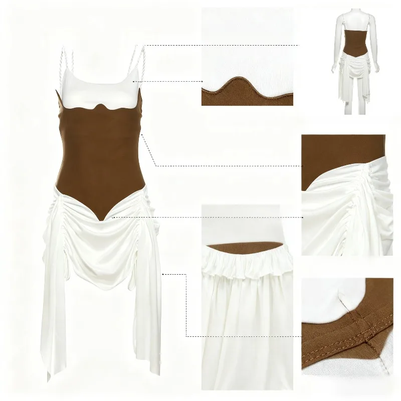 여성용 컬러 블록 민소매 드레스(시스루 커버업 포함) - 여름 및 야외 의상용 우아한 빈티지 스타일 드레스