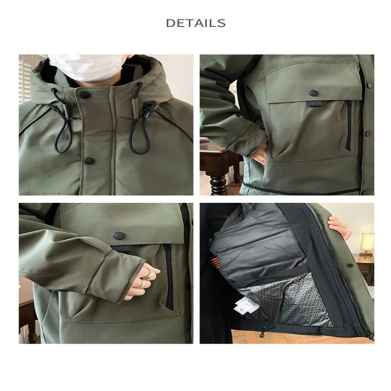 

American Men's Workwear Down Jacket Men Winter Thickened White Duck Down Jacket Men Short Loose Solid Color Hooded Windbreaker