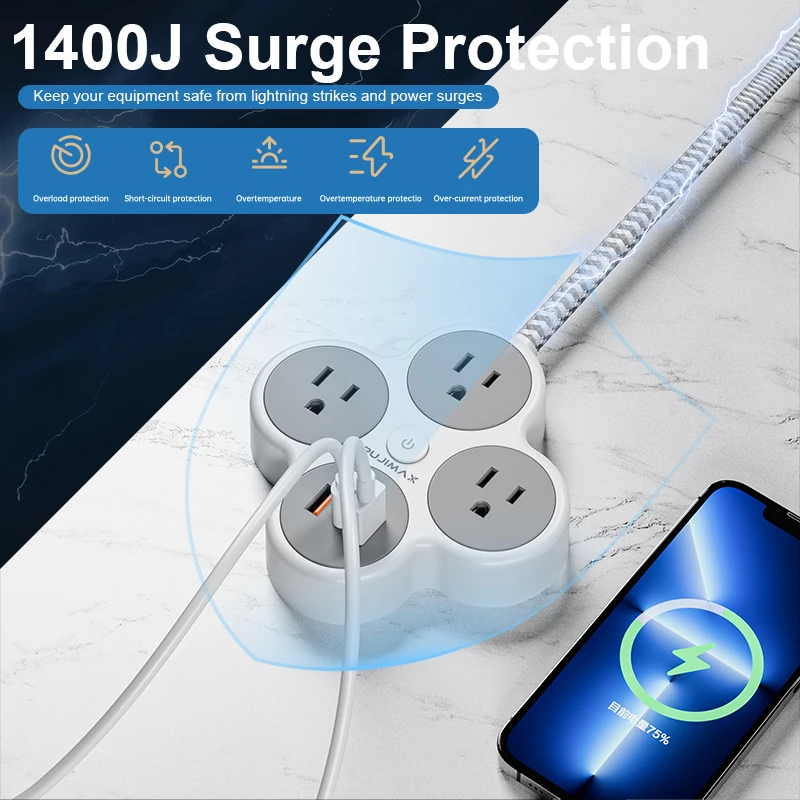 PUJIMAX Ultra-Thin Flat Plug Power Strip With 3 Outlets & 3 USB (1 Type C), Power Strip Cord Ports For Cruise Ship,Office,Travel