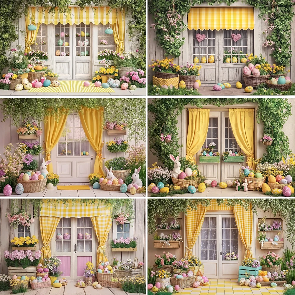 خلفية تصوير لعيد الفصح لعرض الطفل، ستائر صفراء، باب خشبي ريفي، خلفية على شكل بيضة زهرة، صورة عيد ميلاد للأطفال في الربيع