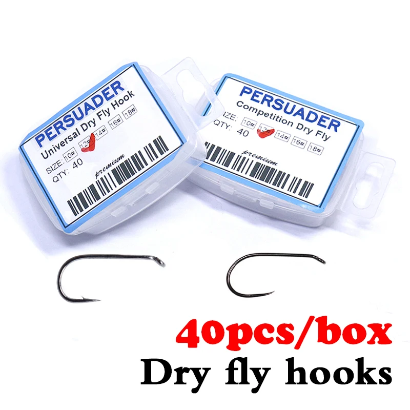 

40pcs boxed professional dry fly hooks fine wire high quality fly fishing hooks for trout flies barbed/barbless fly tying hooks