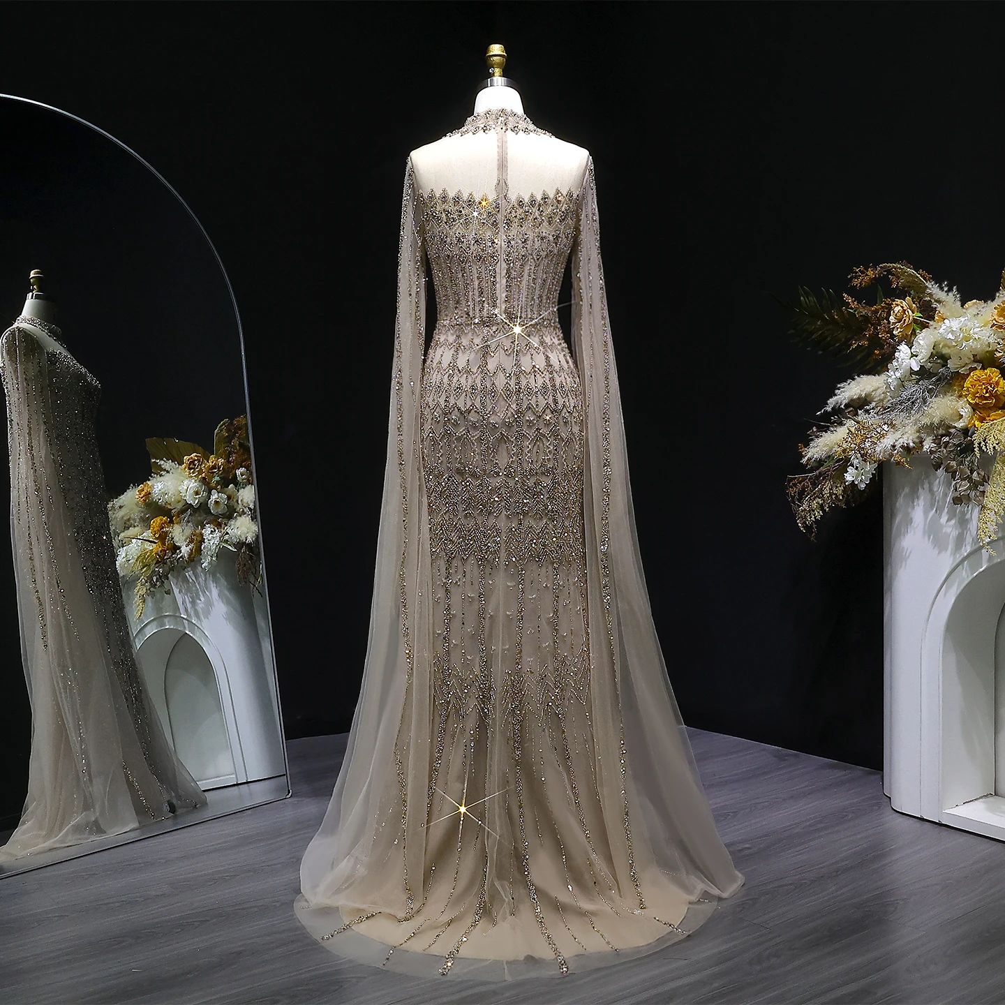 Sharon Said Luxuriöses Blaues Tüll-Abendkleid mit Cape-Ärmeln, Kristall-Pailletten, Damen-Hochzeitskleid, Partykleid, Ballkleid SS150, Maßanfertigung – Detail 15