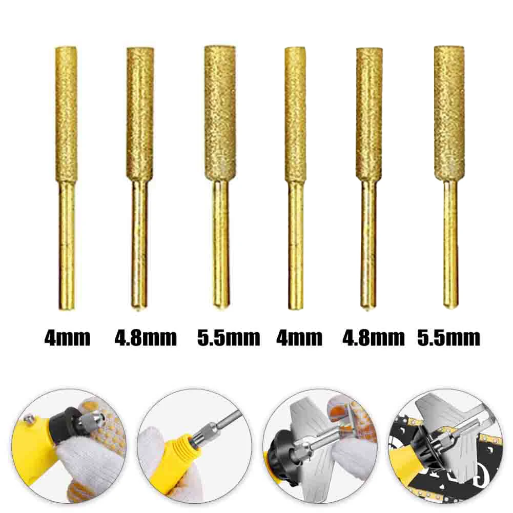 6pcs Diamond Coated Cylindrical Burr Chainsaw Sharpener Stone File Chain Saw Sharpening Carving Grinding Power Tools Kit