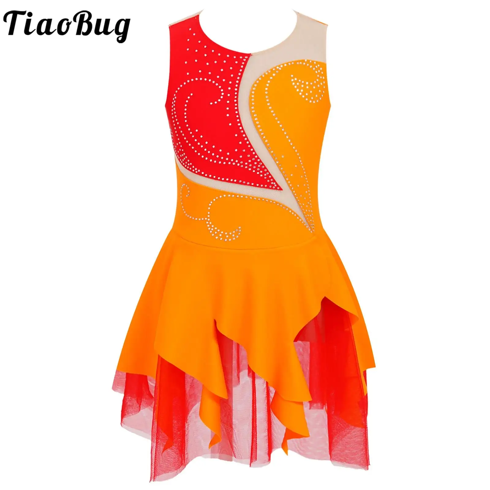 Kids Girls Sleeveless Ballet Jersey Rhinestone Color Block Asymmetrical Skirts Tutu Gymnatics Figure Skating Leotard Costume