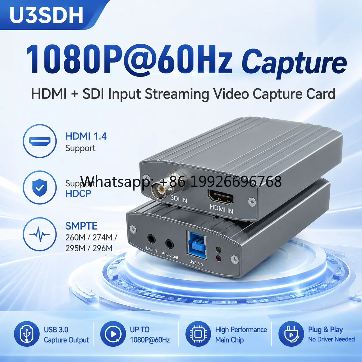 SDI/HDMI 1080P*60Hz Video Capture Card, USB-B 3.0, Audio Line-In/Out, Plug & Play, Aluminum Case for Streaming